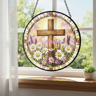 Graceful Floral Cross Custom Stained Glass Suncatcher Easter Gift - Thegiftio