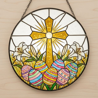 Graceful Golden Cross and Lily Easter Stained Glass Suncatcher - Thegiftio