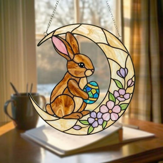 Moonlit Easter Bunny Stained Glass Suncatcher Floral Egg Magic - Thegiftio