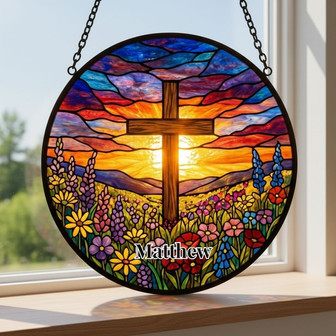 Personalized Easter Faith and Florals Stained Glass Suncatcher - Thegiftio