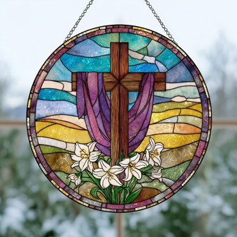 He Is Risen Sacred Easter Cross Lily Stained Glass Suncatcher - Thegiftio