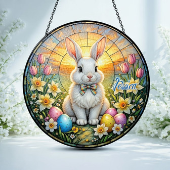 Spring Bloom Custom Name Easter Bunny Stained Glass Suncatcher - Thegiftio