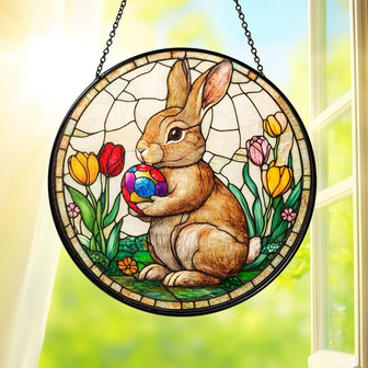 Springtime Joy Easter Bunny Stained Glass Suncatcher and Egg - Thegiftio