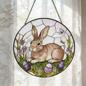 Vibrant Stained Glass Suncatcher Whimsical Easter Bunny and Eggs - Thegiftio