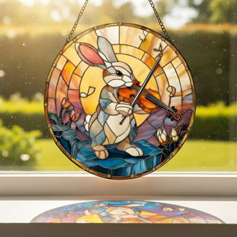 Whimsical Easter Violin Bunny Stained Glass Suncatcher Musical - Thegiftio