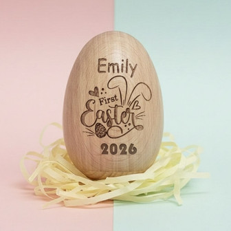 Handcrafted 2026 Shaker Baby Wooden Engraved Easter Egg - Thegiftio