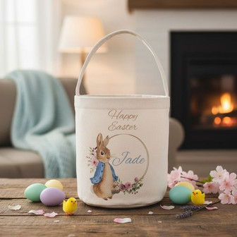 Personalize the Hunt Blue Bunny Custom Easter Fabric Basket - Thegiftio
