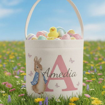 Personalized Canvas Bunny Easter Fabric Basket for Little Ones - Thegiftio