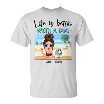 Doll Summer Woman And Dog At Beach Custom T-Shirt - Gift - Thegiftio UK