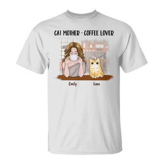 Personalized Coffee Lover Cat Mom T Shirt - Thegiftio UK