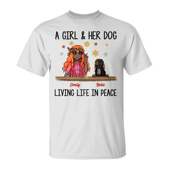 Personalized Hippie Girl And Dog Living In Peace T Shirt - Thegiftio UK