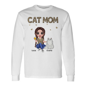 Cat Mom Doll Girl Sitting Leopard Custom Long Sleeve Shirt - Thegiftio UK