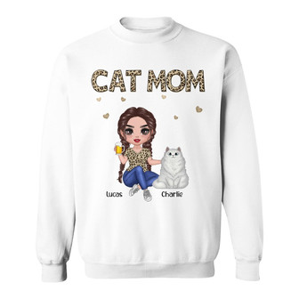 Cat Mom Doll Girl Sitting Leopard Custom Sweatshirt - Thegiftio UK