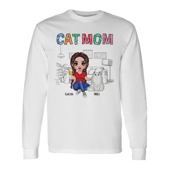 Colorful Pattern Cat Mom Doll Custom Long Sleeve Shirt - Thegiftio UK