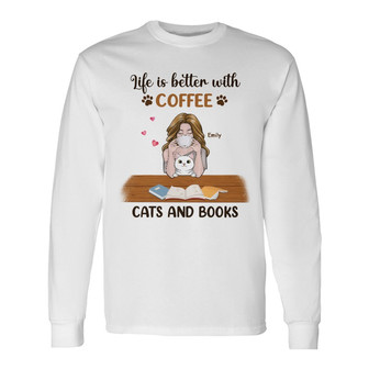 Personalized Cat Coffee Book Long Sleeve Shirt - Thegiftio UK
