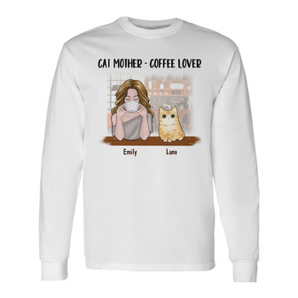Personalized Coffee Lover Cat Mom Long Sleeve Shirt - Thegiftio UK