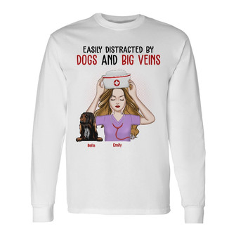 Personalized Easily Distracted By Dog And Nurse Long Sleeve Shirt - Thegiftio UK