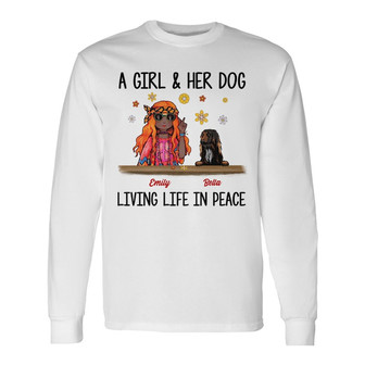 Personalized Hippie Girl And Dog Living In Peace Long Sleeve Shirt - Thegiftio UK