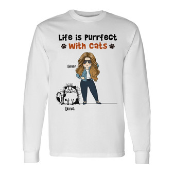 Personalized Life Is Purrfect With Cat Mom Long Sleeve Shirt - Thegiftio UK
