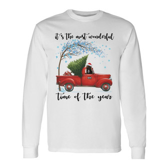 Personalized Red Truck Dog Christmas The Most Wonderful Time Long Sleeve Shirt - Thegiftio UK