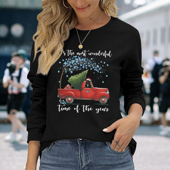 Personalized Red Truck Dog Christmas The Most Wonderful Time Long Sleeve Shirt - Thegiftio UK