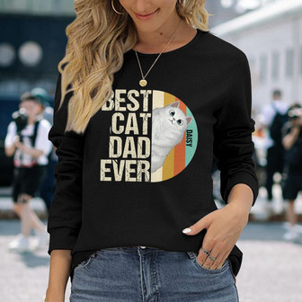 Best Cat Dad Half Circle Retro Custom Long Sleeve Shirt - Gift for Dad - Thegiftio UK
