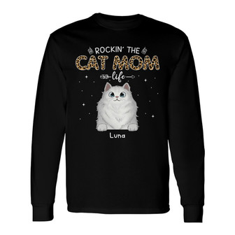 Cat Mom Peeking Fluffy Cats Leopard Custom Long Sleeve Shirt - Thegiftio UK