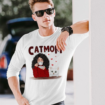 Cat Mom Red Patterned Smiling Cat Custom Long Sleeve Shirt - For Mom - Thegiftio UK