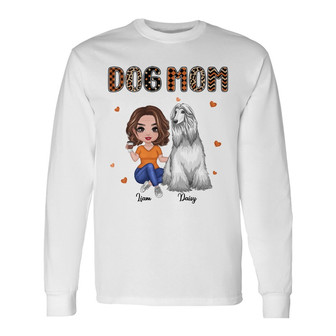 Dog Mom Doll Woman Sitting Orange Pattern Custom Long Sleeve Shirt - Thegiftio UK