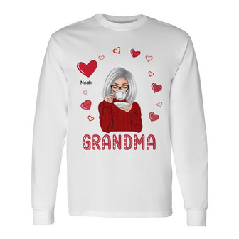 Grandma Red Pattern Hearts Custom Long Sleeve Shirt - Gift for Grandma - Thegiftio UK