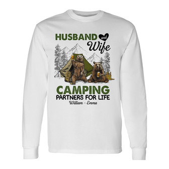 Personalized Couple Bear Husband Wife Camping Long Sleeve Shirt - Thegiftio UK