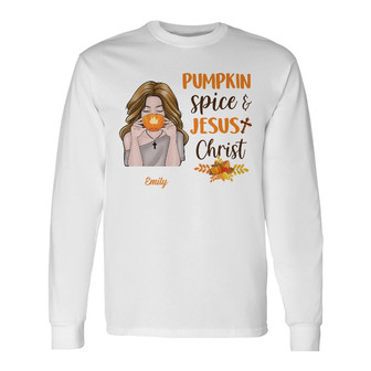 Personalized Jesus Pumpkin Spice Fall Halloween Long Sleeve Shirt - Thegiftio UK