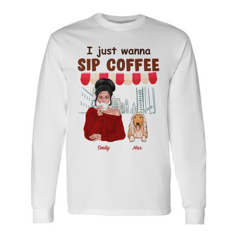 Personalized Sip Coffee And Pet My Dog Long Sleeve Shirt - Thegiftio UK