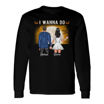 Personalized With You Fall Halloween Couple Long Sleeve Shirt - Thegiftio UK