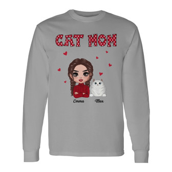Polka Dot Pattern Doll Cat Mom Custom Long Sleeve Shirt - Thegiftio UK