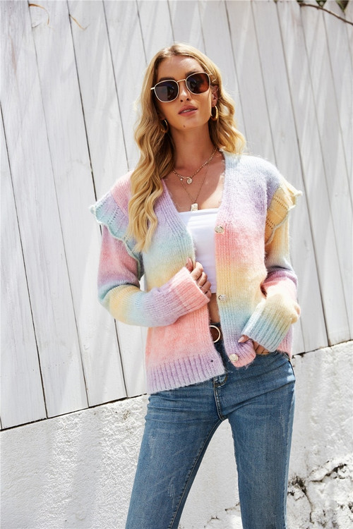 Autumn Multicolor Batch Printing V-Neck Single Breasted Stretch Knitting Sweater - Vougese