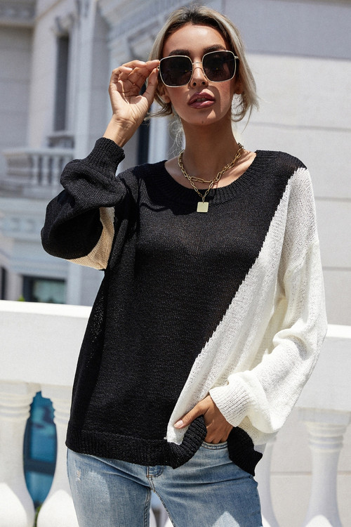Autumn New Four Colors Contrast Color Knitted Stretch Stylish Casual Sweater - Vougese