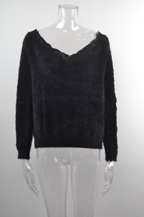 Autumn New Solid Color Stretch V-Neck Lace Spliced Hollow Stylish Exquisite Sweater - Vougese