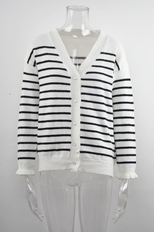 Autumn New Two Colors Stretch V-Neck Single-Breasted Frill Trim Stylish Striped Knits - Vougese