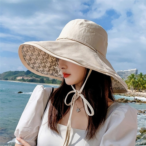 Fashion New 4 Colors Double Sided Houndstooth Printing Big Brim Casual All-Matched Sun Protection Cycling Bucket Hat 56-58Cm - Vougese