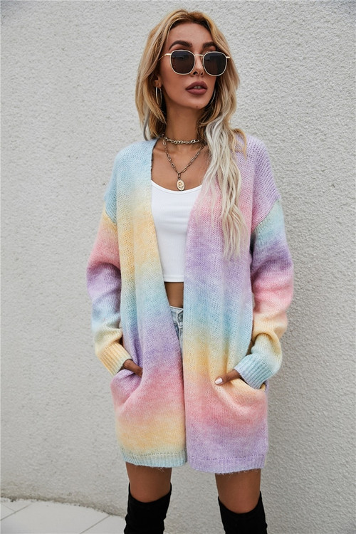 Long Sleeve Multicolor Batch Printing Autumn New Stylish Stretch Loose Knitting Cardigan - Vougese