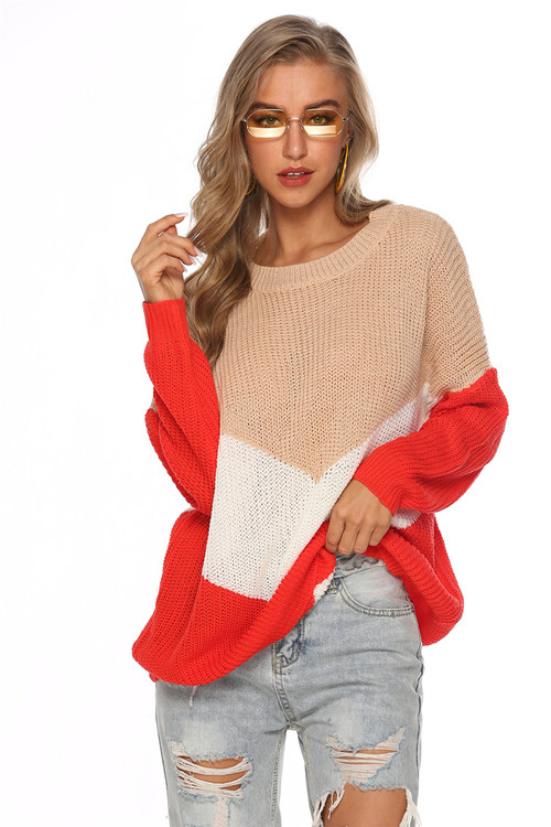 New Stylish Round Neck Autumn Contrast Color Stitching Loose Casual Knitting Top - Vougese