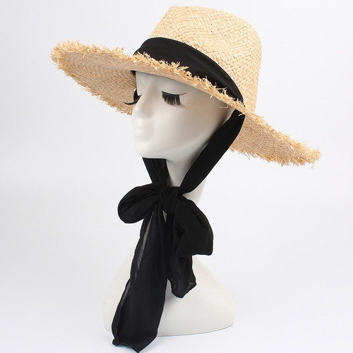 One Pc Summer Chiffon Scarf Self-Tie Raffia Raw Edge Big Brim Vacation Style Seaside Beach Straw Hat 56-58Cm - Vougese