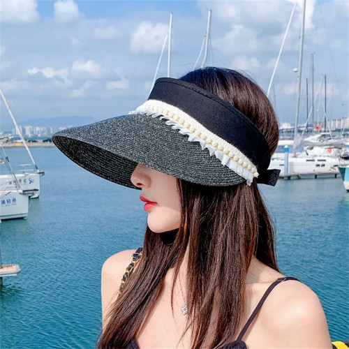 One Pc Summer New Pearl Ruffled Brim 7 Colors Empty Top Shaded Seaside Beach Straw Hat 56-58Cm - Vougese