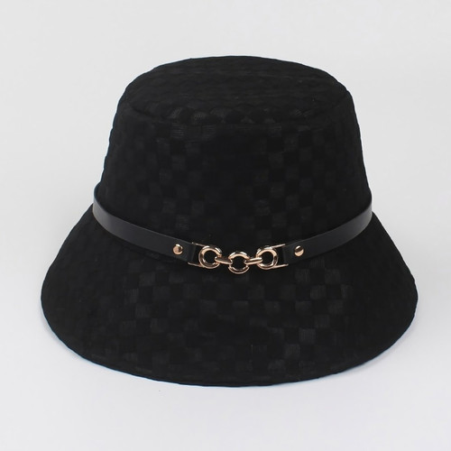 One Pc Summer New Plaid Belt Buckle Decor Mesh Inside Breathable Adjustable Fashion Sun Protection Outdoor Bucket Hat 56-58Cm - Vougese