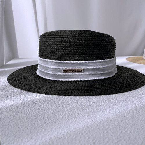 One Pc Summer New Solid Color Metallic Label Lace Decor Flat Top Adjustable Raffia Holiday Style Sun Protection Beach Straw Hat 56-58Cm - Vougese