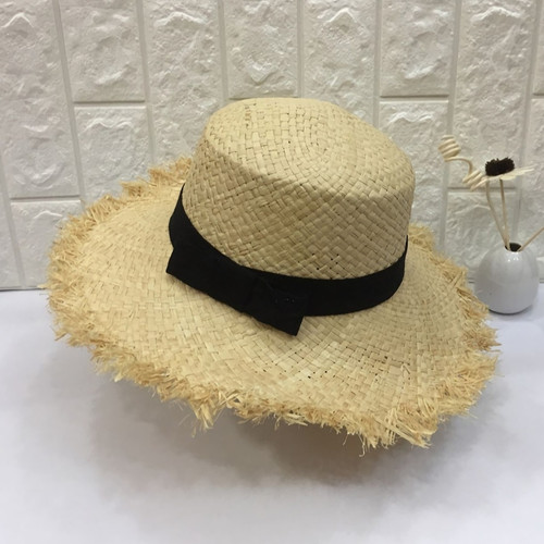 One Pc Summer Raffia Weave Bowknot Raw Edge Adjustable Holiday Style Sun Protection Seaside Beach Straw Hat 54-58Cm - Vougese