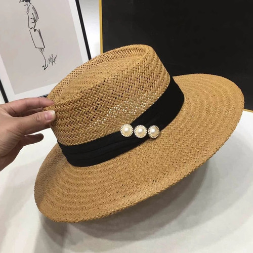 One Pc Summer Weave 3 Colors Solid Pearl Decor Vintage Elegant Adjustable Vacation Style Shaded Seaside Beach Straw Hat 54-58Cm - Vougese