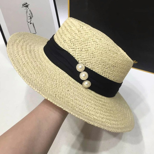 One Pc Summer Weave Flat Top Pearl Decor Vintage Elegant Adjustable Holiday Style Shaded Seaside Beach Straw Hat 54-58Cm - Vougese