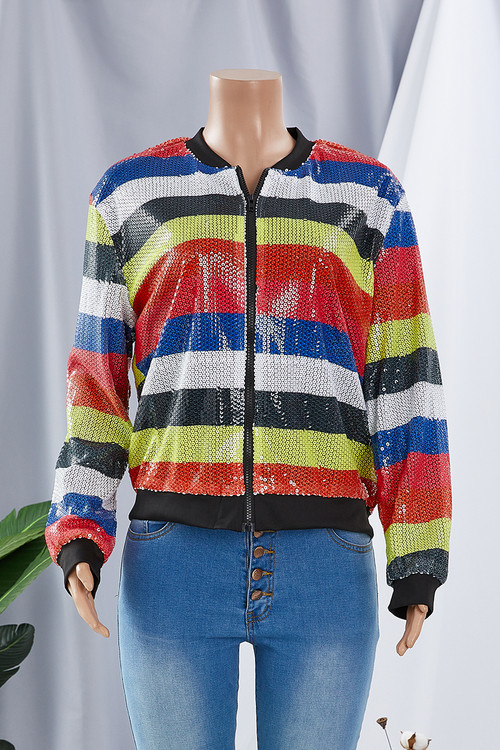 Oversize Multicolor Stripes Sequins Decorative Zip-Up Stylish Casual Jacket - Vougese